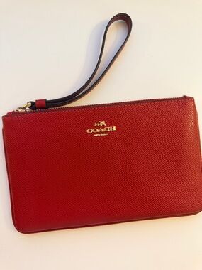 Coach Red Leather Zip Wristlet with Gold Logo